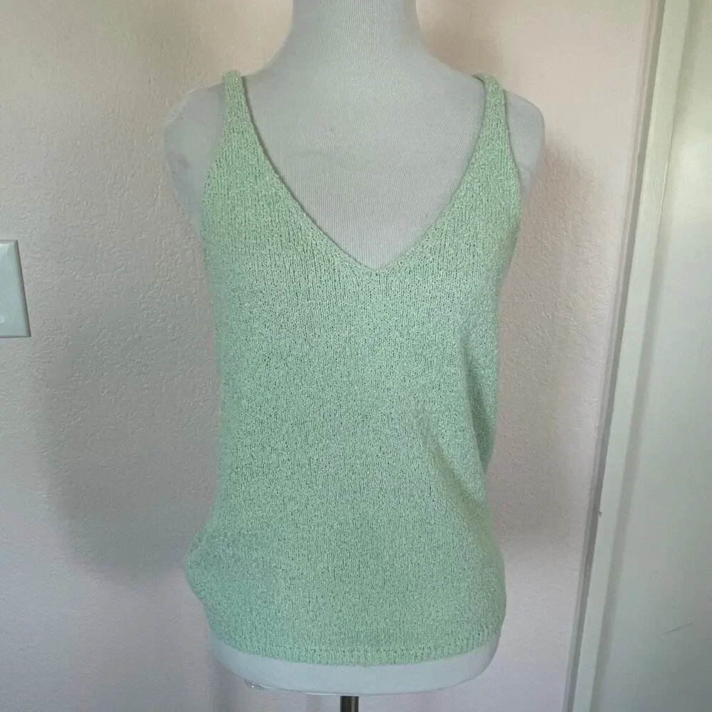 Mint Pastel Green Textured Knit Tank Top V Neck Soft Bouclé Minimalist Aesthetic